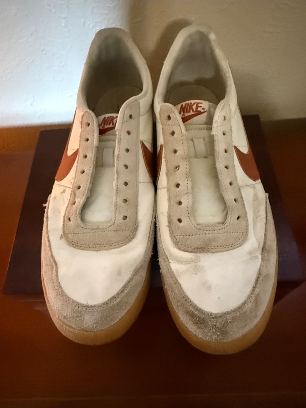 Nike Men’s White and Tan Suede Low-Top Sneakers with Orange Swoosh